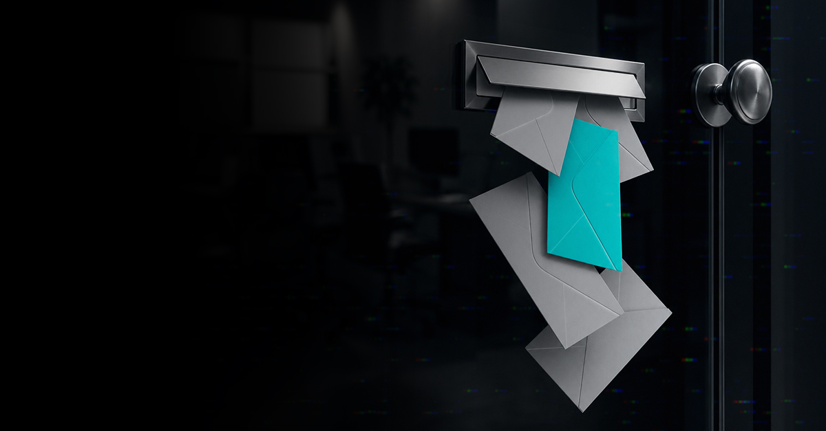 Multiple envelopes, including a standout turquoise one, spilling from a mailbox slot in a dark setting